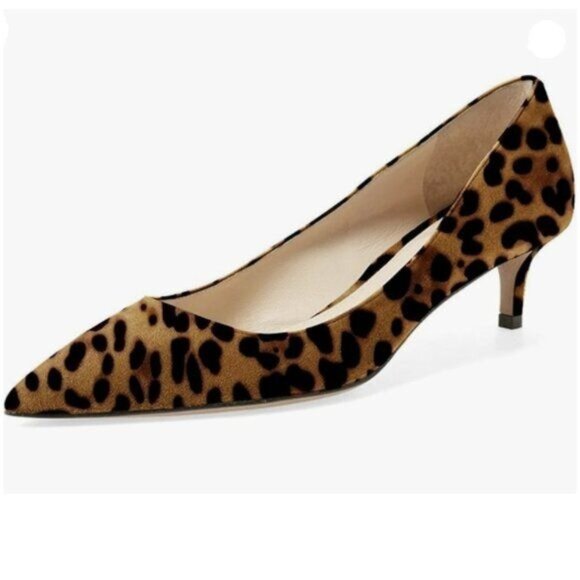 YDN Women Low Kitten Heel Pumps Pointed Toe Dress Shoes for Office Suede Leopard - Picture 1 of 7